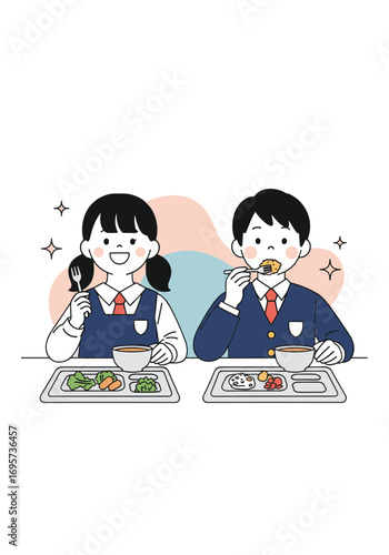 Two happy school children enjoying their delicious lunch meals together in the cafeteria