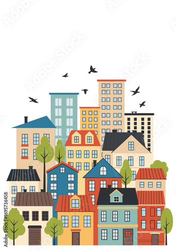 Charming suburban neighborhood with colorful buildings trees and birds flying above