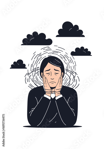 Illustrative depiction of a person experiencing stress anxiety and mental health challenges during dark stormy clouds