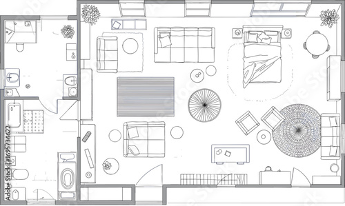 "Apartment floor plan, modern home layout, living room, bedroom, bathroom, furniture arrangement, architecture design, interior planning, cad drawing flat vector illustration"