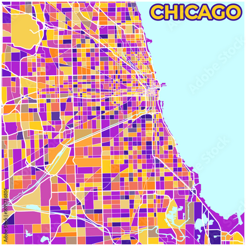 Chicago, Illinois, USA: A vibrant mosaic of orange, yellow, and purple cityscapes, illustrating the iconic American metropolis's intricate grid system and urban sprawl.