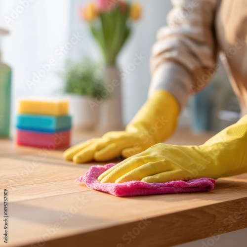 Wallpaper Mural Close-up of hands of woman wearing rubber gloves cleaning wooden kitchen counter with rags and cleaning solution. Torontodigital.ca