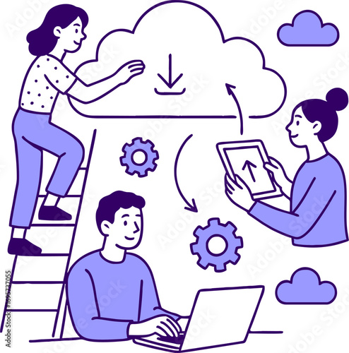 Cloud technology. People storing data on cloud server. Concept of cloud computing, online database, web hosting, web data center. Vector illustration for web banner, infographics, mobile app
