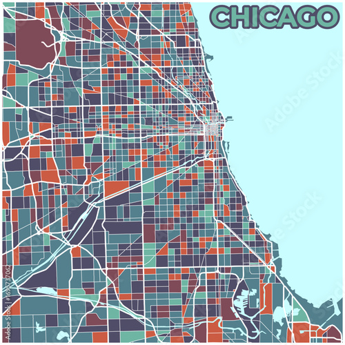 Chicago, Illinois, USA: A Vibrant and Detailed Cityscape Map in Teal, Red, and Beige Grid Patterns Reflecting Urban Life.