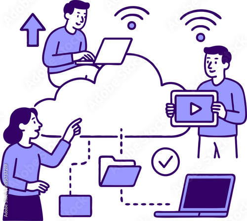 Cloud technology. People storing data on cloud server. Concept of cloud computing, online database, web hosting, web data center. Vector illustration for web banner, infographics, mobile app