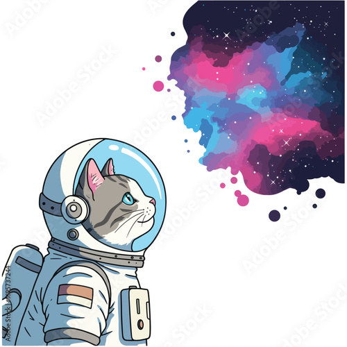 A cat in an astronaut suit looks at a colorful galaxy