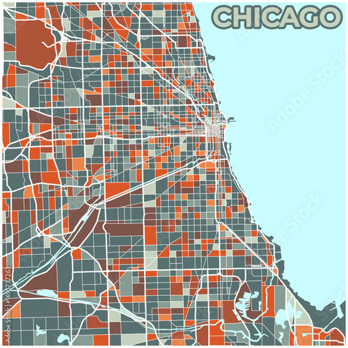Chicago, Illinois, USA: A Detailed Grid Map in Shades of Olive Green, Burnt Orange, and Pale Turquoise, Illustrating the City's Complex Urban Fabric.