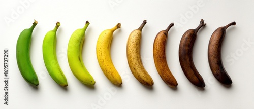 Eight bananas in a row on a white background, showing different ripeness stages from green to brown.