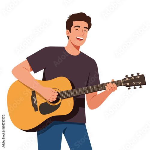 A man in a dark tshirt plays an acoustic guitar