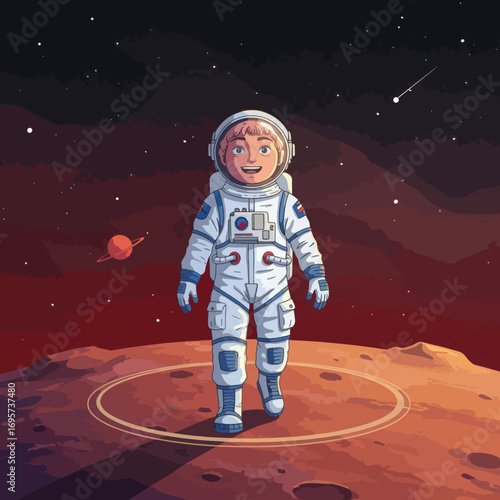 Astronaut walks on Mars in a detailed illustration with planets and stars
