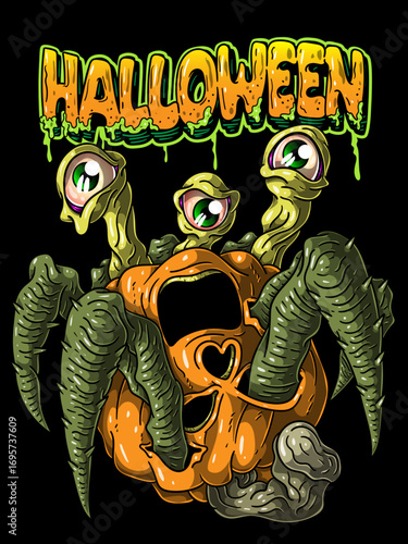 Spider-Eyed Pumpkin – Creepy Halloween Monster Illustration