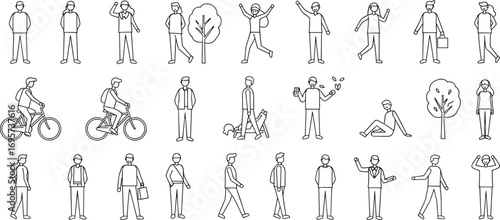 People walking, cycling, sitting, using phone, exercising, business lifestyle, outdoor park, daily activity, relaxing, urban scene, cad drawing flat vector illustration"