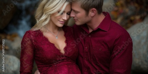 A loving couple shares a tender moment, expecting a baby with joy in nature's embrace.