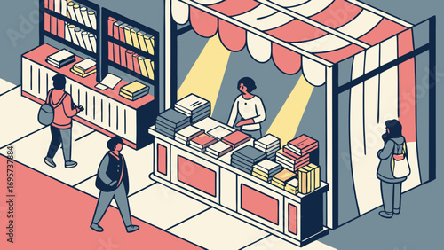 Isometric Illustration of an Urban Newsstand with Vendor and Customers, Featuring Books and Magazines in a Modern Street Scene