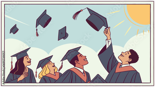 Diverse University Graduates Celebrating Achievement, Throwing Caps in Sunny Sky Illustration