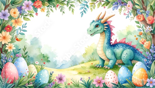 Cute dragon with colorful eggs and flowers
