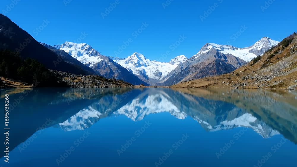 Majestic alpine lake reflecting pristine snow-capped mountains under a brilliant clear blue sky, creating a serene and epic natural landscape during a bright, sunny day.