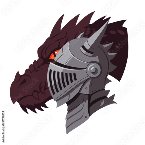 Dragon head behind a knights helmet and armor