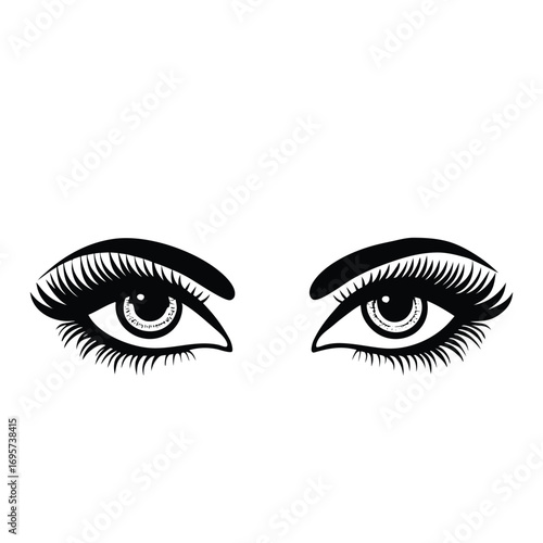Close-up vector illustration of a woman's face with brown eyes and fashionable makeup, highlighting her detailed eyelashes and eyebrow