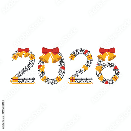 Musical Christmas 2025 digits with bells bows and gifts