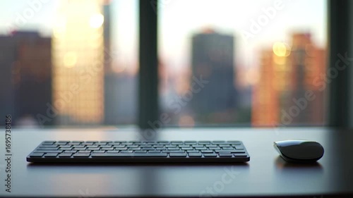 Keyboard and Mouse on Desk Overlooking Cityscape at Sunset