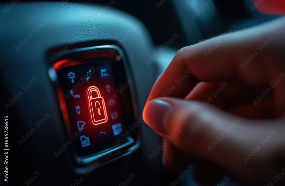 Obraz premium Close-up of a hand activating a digital lock on a car panel