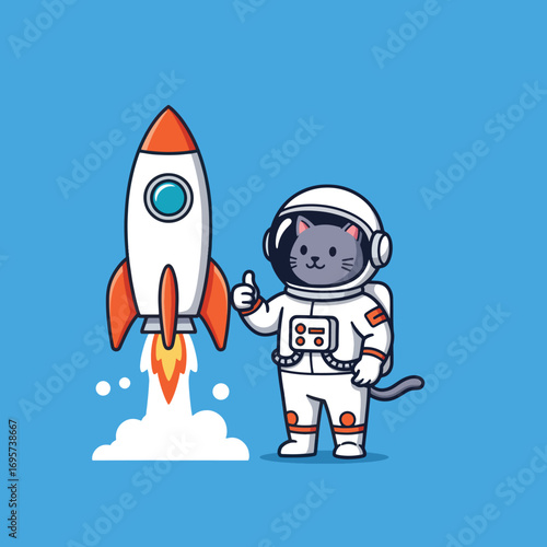 Cat astronaut gives a thumbs up next to a rocket