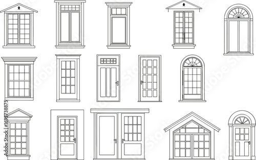 Collection of architectural doors and windows, detailed building elements, line art design, cad drawing flat vector illustration, construction