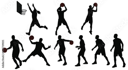 basketball players in various action poses on court