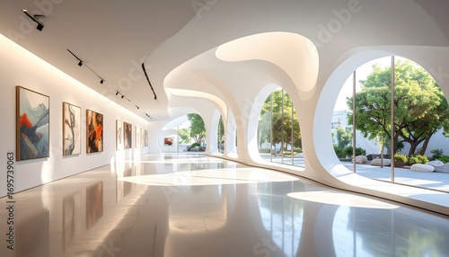 A modern art gallery showcases abstract paintings within a sleek, white architectural space, featuring large oval windows that reveal a lush garden.