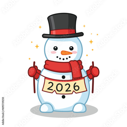 A cute snowman wearing a top hat and scarf holds a banner with 2026