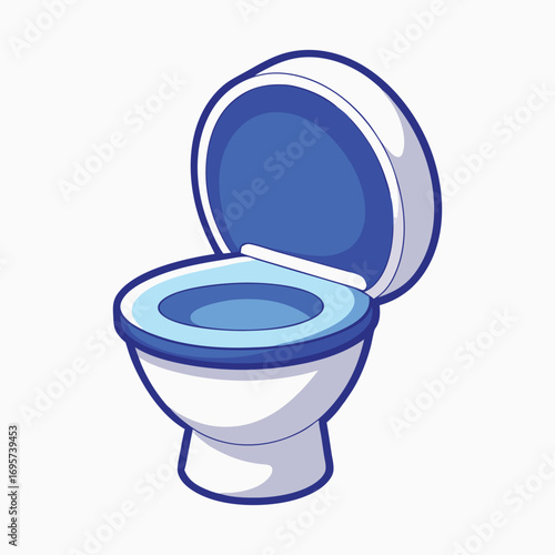 An isolated, new porcelain toilet bowl with its lid open on a white background