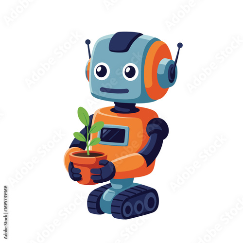 A blue and orange robot holding a potted plant