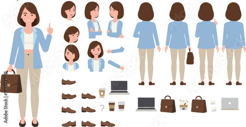 Businesswoman character illustration, female office worker avatar, professional attire design, corporate employee cartoon style vector, cad drawing flat vector illustration