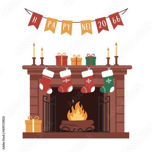 Christmas fireplace with stockings gifts candles and banner