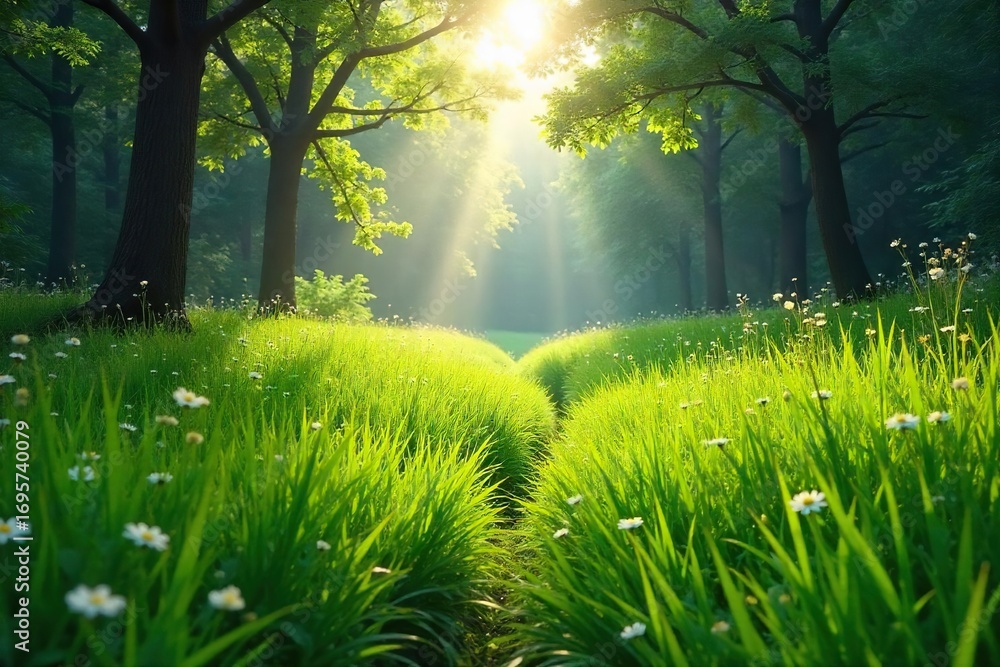 Fototapeta premium Dense, lush grassland teeming with life, sunlight filtering through tall grasses creating dappled shadows A vibrant ecosystem thrives in this picturesque natural landscape , landscape, prairie