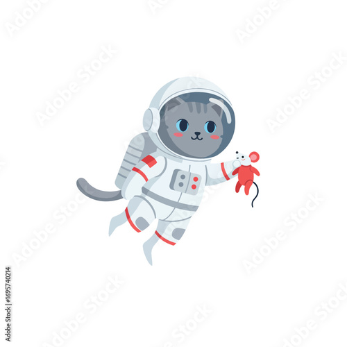 A cute cat astronaut floats in space holding a toy mouse