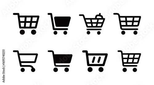 Set of diverse shopping cart icons for e-commerce, retail, and consumerism concepts.