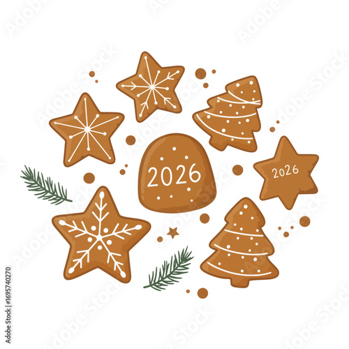 Gingerbread cookies with 2026 and snowflake designs on white background