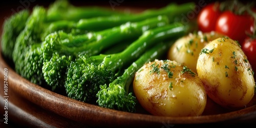 Delicious cooked vegetables and potatoes are arranged on a wooden plate, ready to be served.