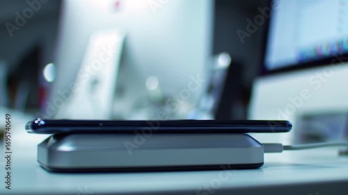 Charging Phone on Wireless Charger in Modern Office Setting