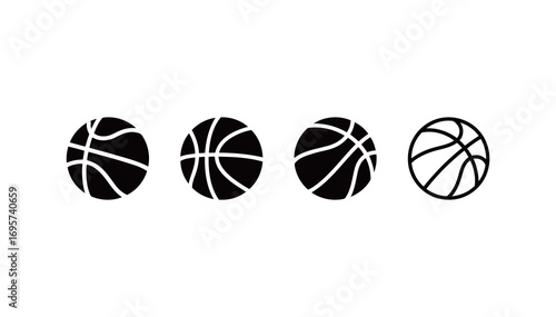 Set of black basketball icons in different styles, representing sports and recreation.