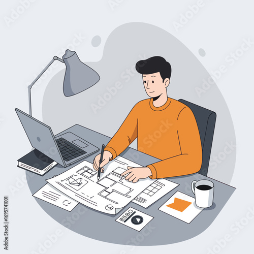 Person at desk drawing blueprints next to laptop and coffee