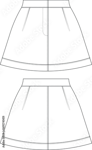 mid high rise waist darted tailored zippered mini short a line skirt template technical drawing flat sketch cad mockup fashion woman design style model 
