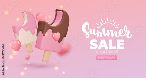 Banner with Ice cream on pink background, summer sale, up to 70%, 3d render. Design elements. Realistic sweet food poster. Vector illustration for menu, shop, flyer, web, adv, sale