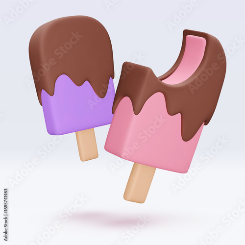 Ice cream with chokolate glaze, icon, 3d render. Design elements. Realistic Sweet fast food icon. Vector illustration isolated on white for menu, shop, flyer, banner, web, adv, sale