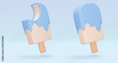 Set white Ice cream, popsicle with blue berry glaze, 3d render. Design elements. Realistic sweet fast food icon. Vector illustration isolated on white for menu, shop, flyer, banner, web, adv, sale