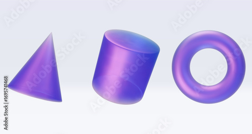 3d iridescent hologram tor, ring, cone, cylinder. Render geometry figure in purple, pink, blue colors. Vector illustration isolated on white for design projects, product display, presentation, adv