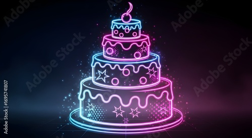 wedding cake vector illustration in neon light