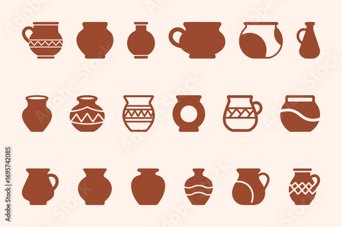 Set of clay pot and vase icons in various styles, representing ancient and modern art.